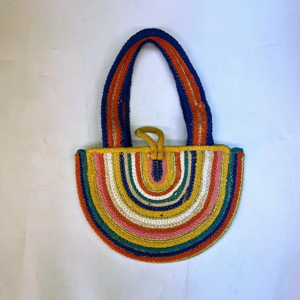 Fabulous MJ New York Rainbow Braided Rope Tote Bag Gold Metallic Toggle Small